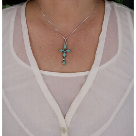 Pendant Only Sterling Silver Turquoise Cross Pendant 2" x 7/8" - Picture 4 of 6